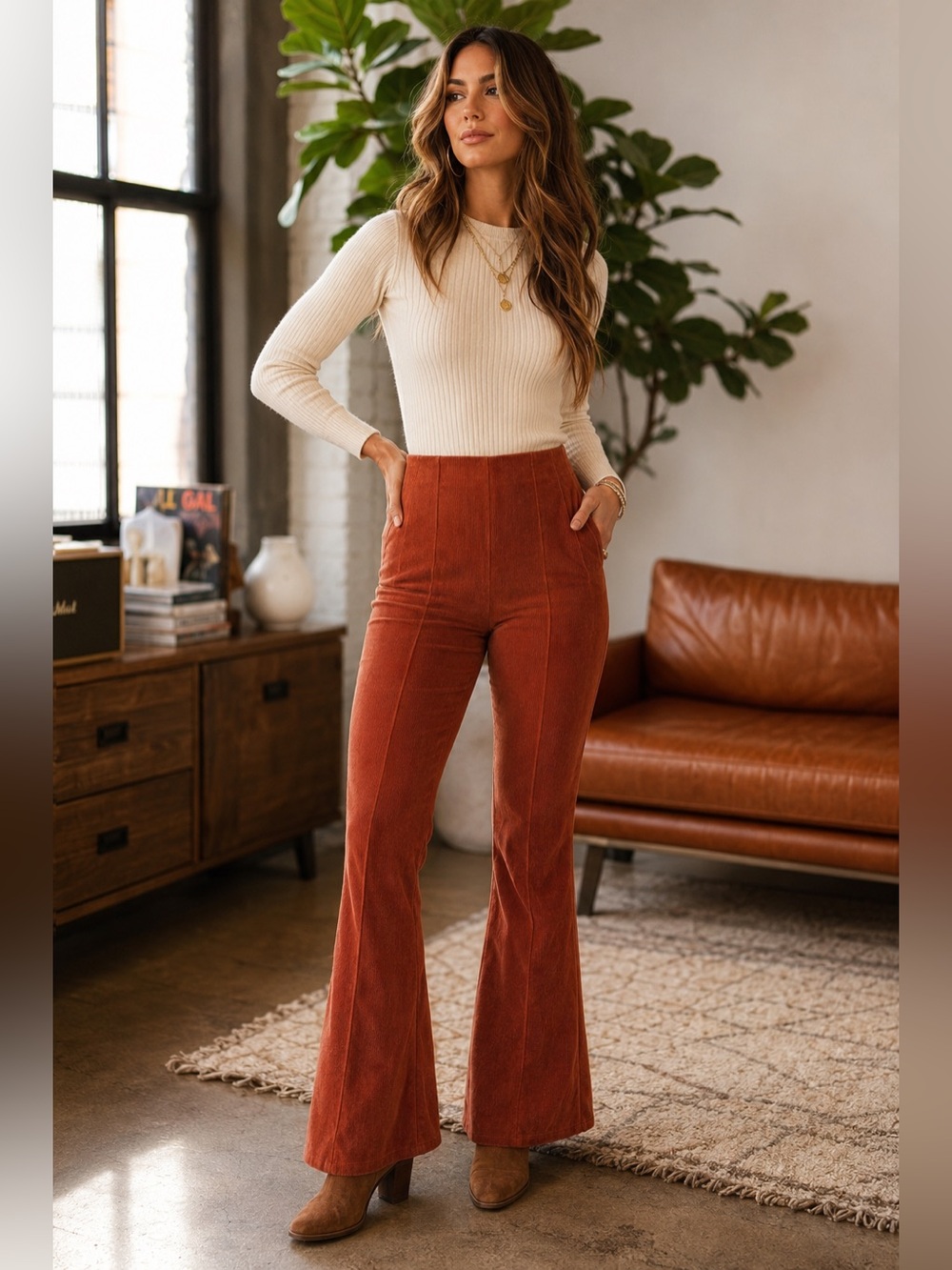 NWOT Wildfox Rust Corduroy Flare Pants Size 4 High Rise Stretch Boho Retro